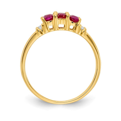 14K Gelbgold Poliert Dreifach Rubin und Echt Diamant 3-Stein Ring