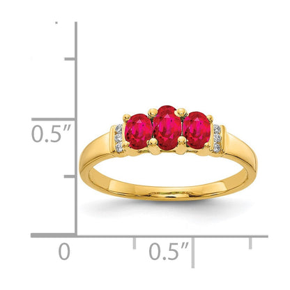 14K Gelbgold Poliert Dreifach Rubin und Echt Diamant 3-Stein Ring