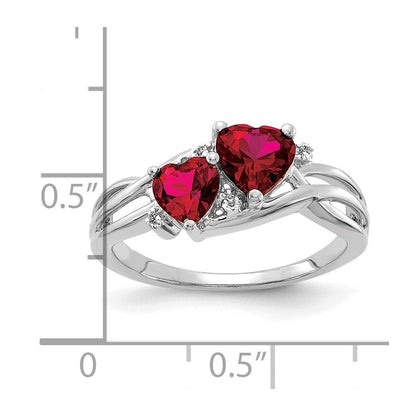 10K Weißgold Im Labor Erzeugt Rubin und Diamant Doppelt Herz Ring