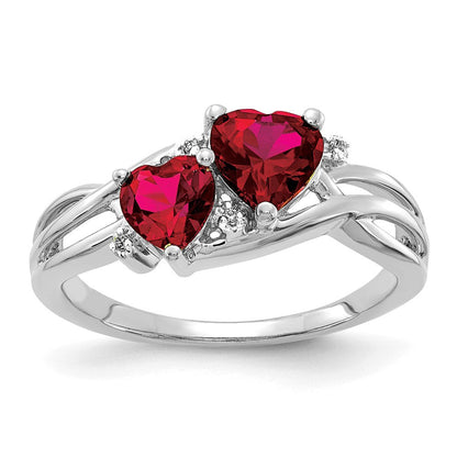 10K Weißgold Im Labor Erzeugt Rubin und Diamant Doppelt Herz Ring