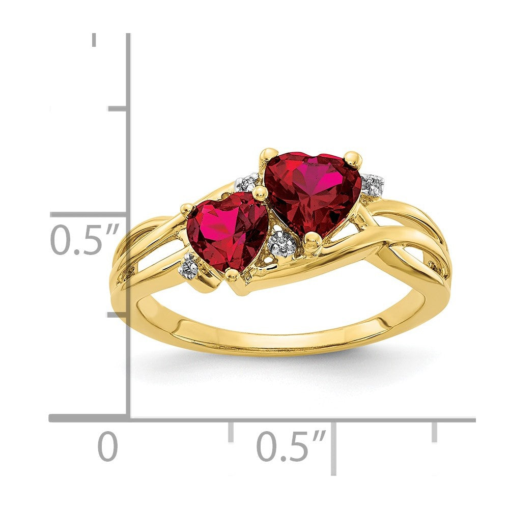 10K Gelbgold Im Labor Erzeugt Rubin und Diamant Doppelt Herz Ring