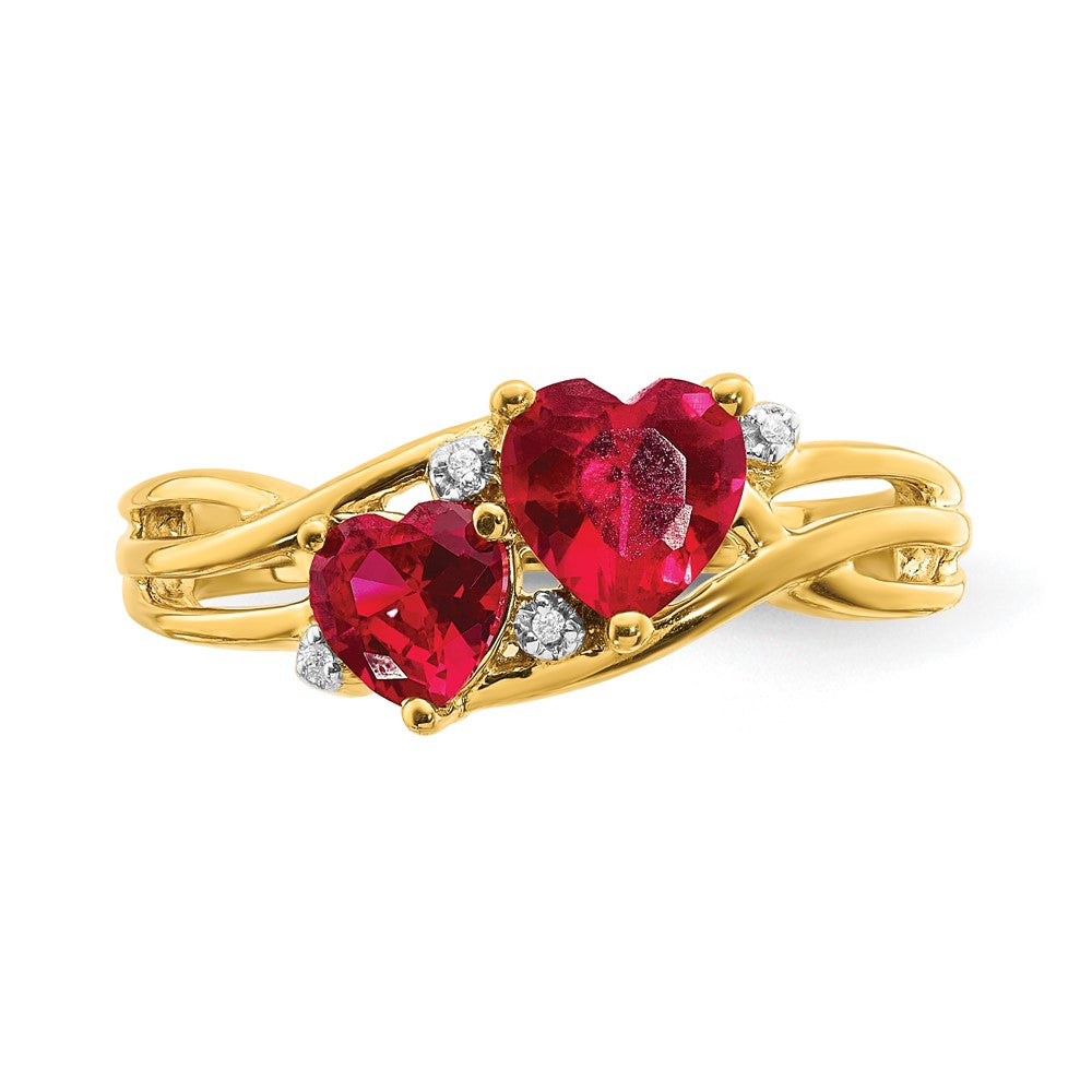 14K Weißgold Ring mit im Labor erzeugtem Rubin und Diamant im Doppelherz-Design Alternative Formulierung, je nach Kontext des Metalls (da "14K" ohne Farbangabe vorliegt, hier eine neutralere