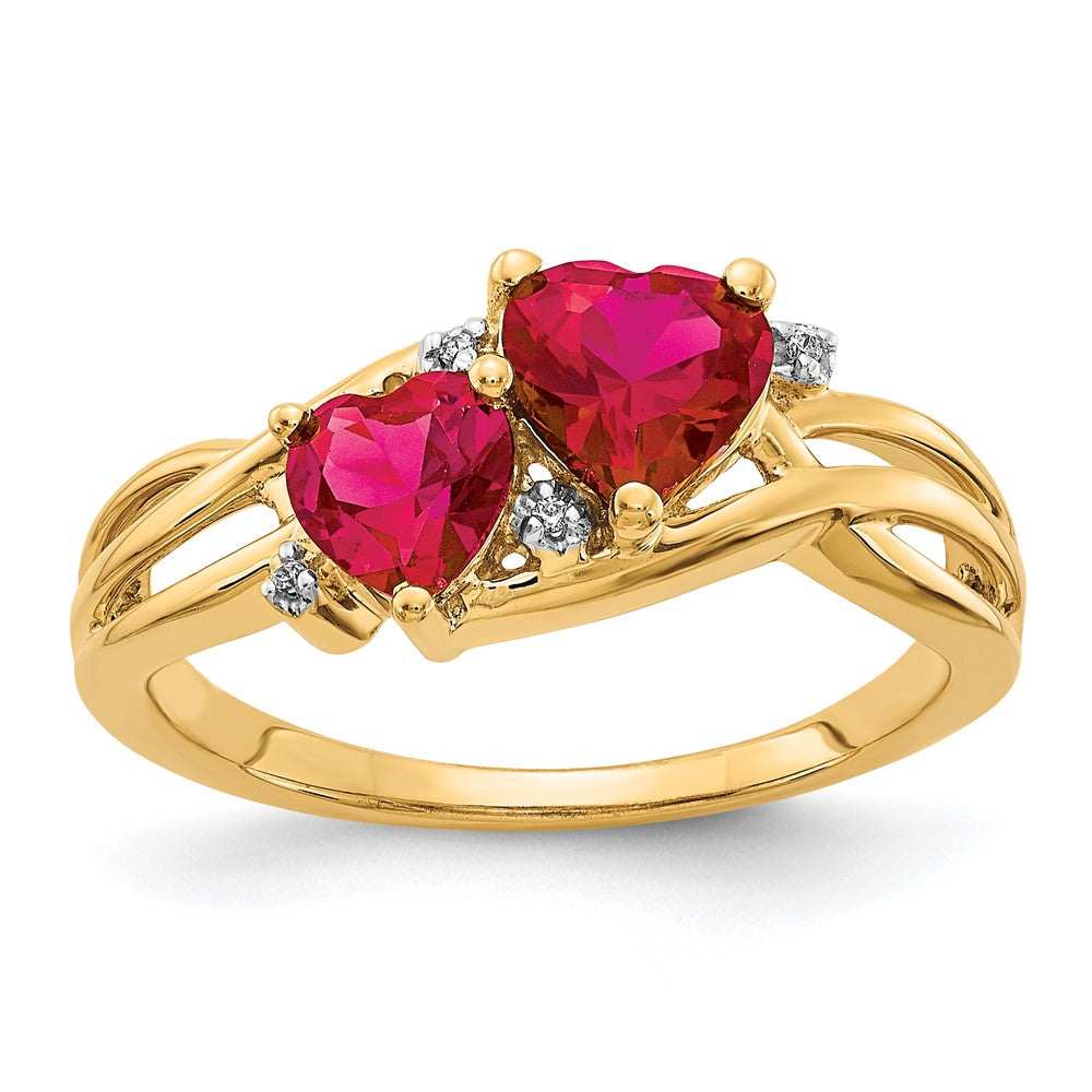 14K Weißgold Ring mit im Labor erzeugtem Rubin und Diamant im Doppelherz-Design Alternative Formulierung, je nach Kontext des Metalls (da "14K" ohne Farbangabe vorliegt, hier eine neutralere