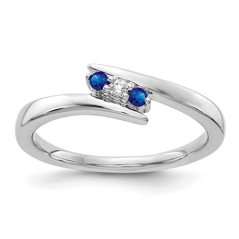 14K Weißgold Ring mit echtem Diamant und Saphir, 3-Steine