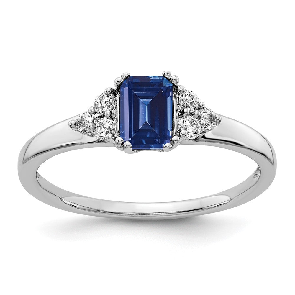 14K Weißgold Ring mit 0,17 ct. Labor-gezüchteten Diamanten VS/SI+ G+ und Labor-gezüchteten blauen Saphiren