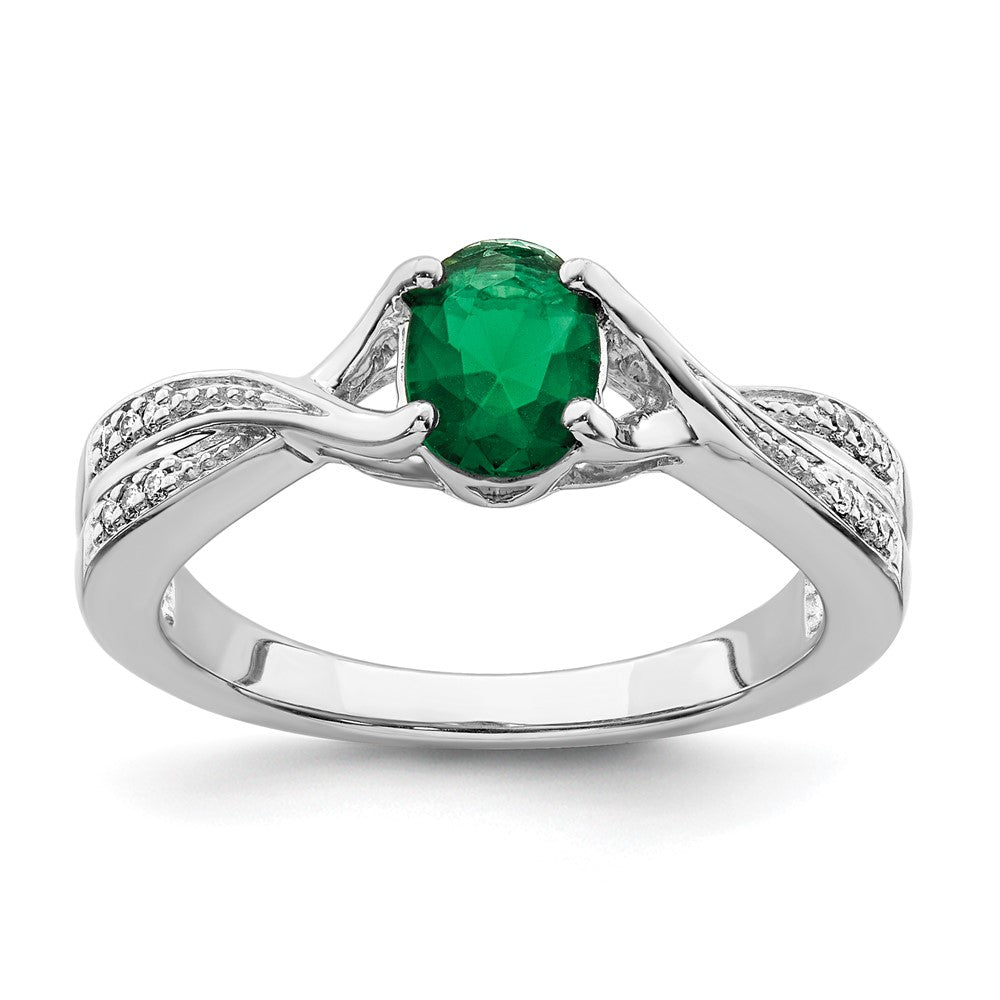 14K Weißgold Ring mit ovalem Smaragd und echten Diamanten
