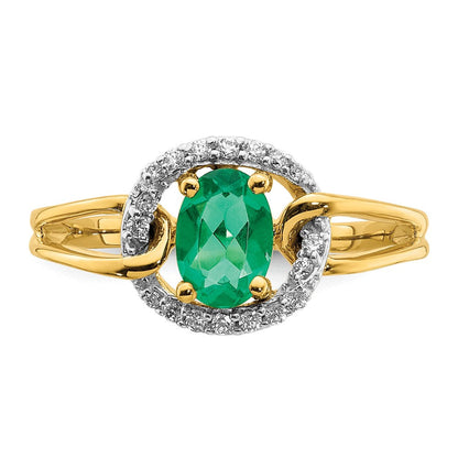 14K Gelbgold Ring mit echten Diamanten und ovalem Smaragd