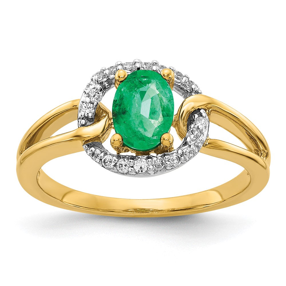 14K Gelbgold Ring mit echten Diamanten und ovalem Smaragd