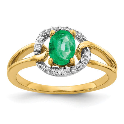 14K Gelbgold Ring mit echten Diamanten und ovalem Smaragd