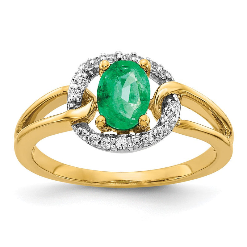 14K Gelbgold Ring mit echten Diamanten und ovalem Smaragd