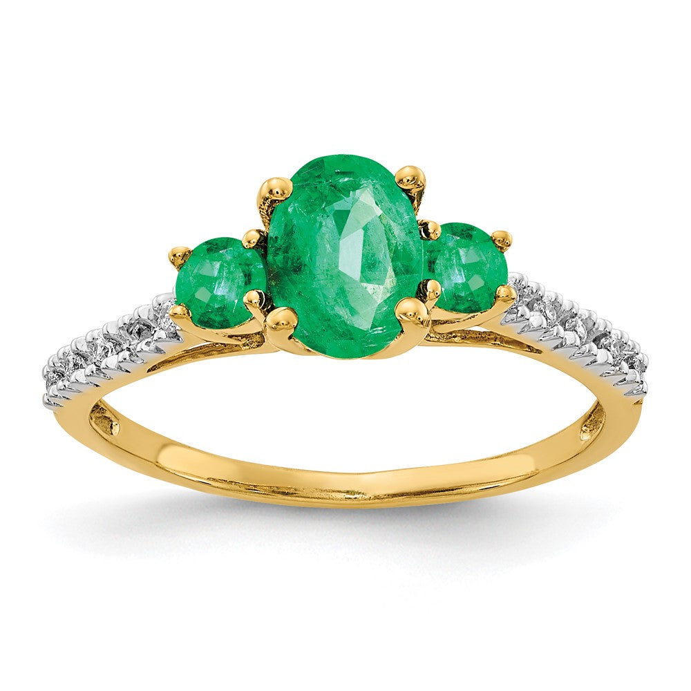 14K Gelbgold Ring mit ovalem Smaragd und echten Diamanten