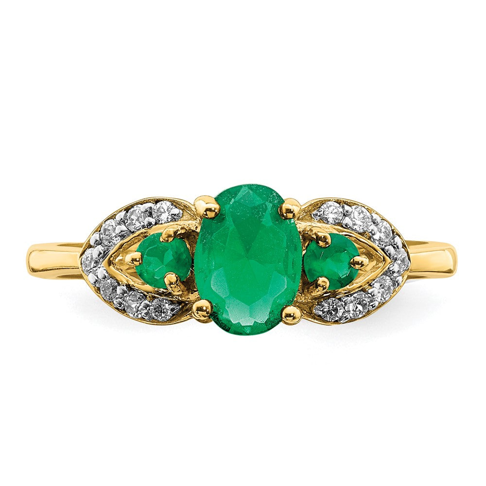 14K Gelbgold Ring mit ovalem Smaragd und echten Diamanten