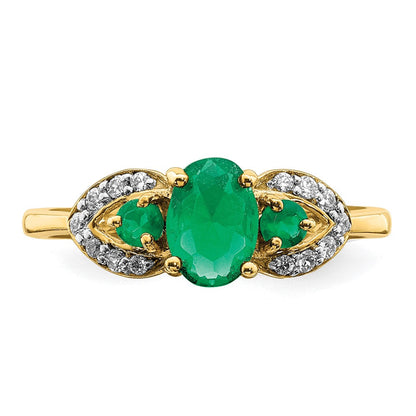 14K Gelbgold Ring mit ovalem Smaragd und echten Diamanten