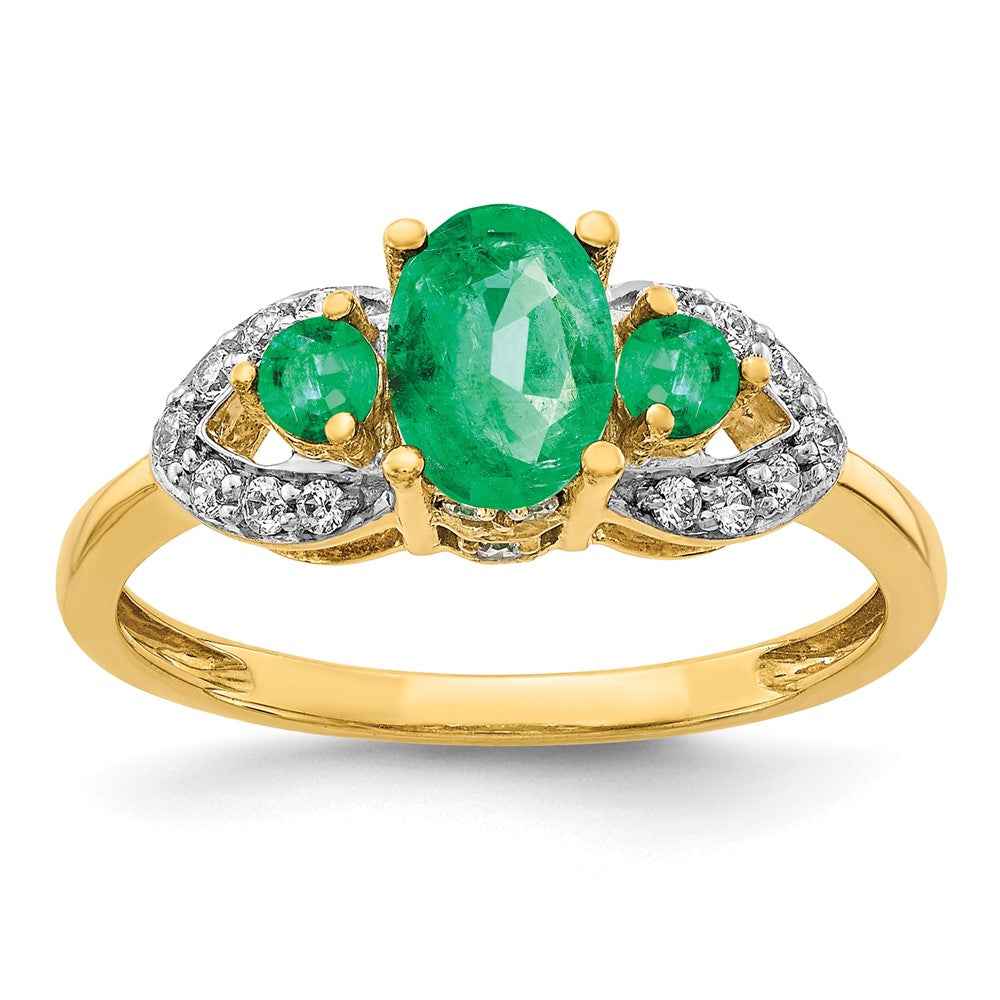 14K Gelbgold Ring mit ovalem Smaragd und echten Diamanten