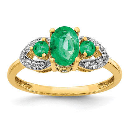 14K Gelbgold Ring mit ovalem Smaragd und echten Diamanten