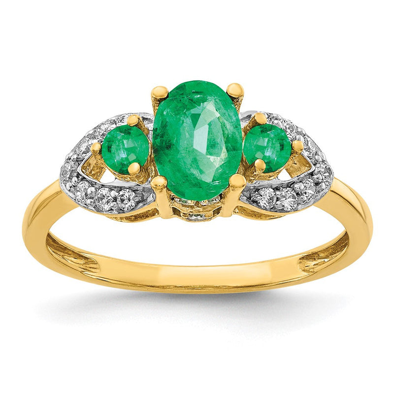 14K Gelbgold Ring mit ovalem Smaragd und echten Diamanten