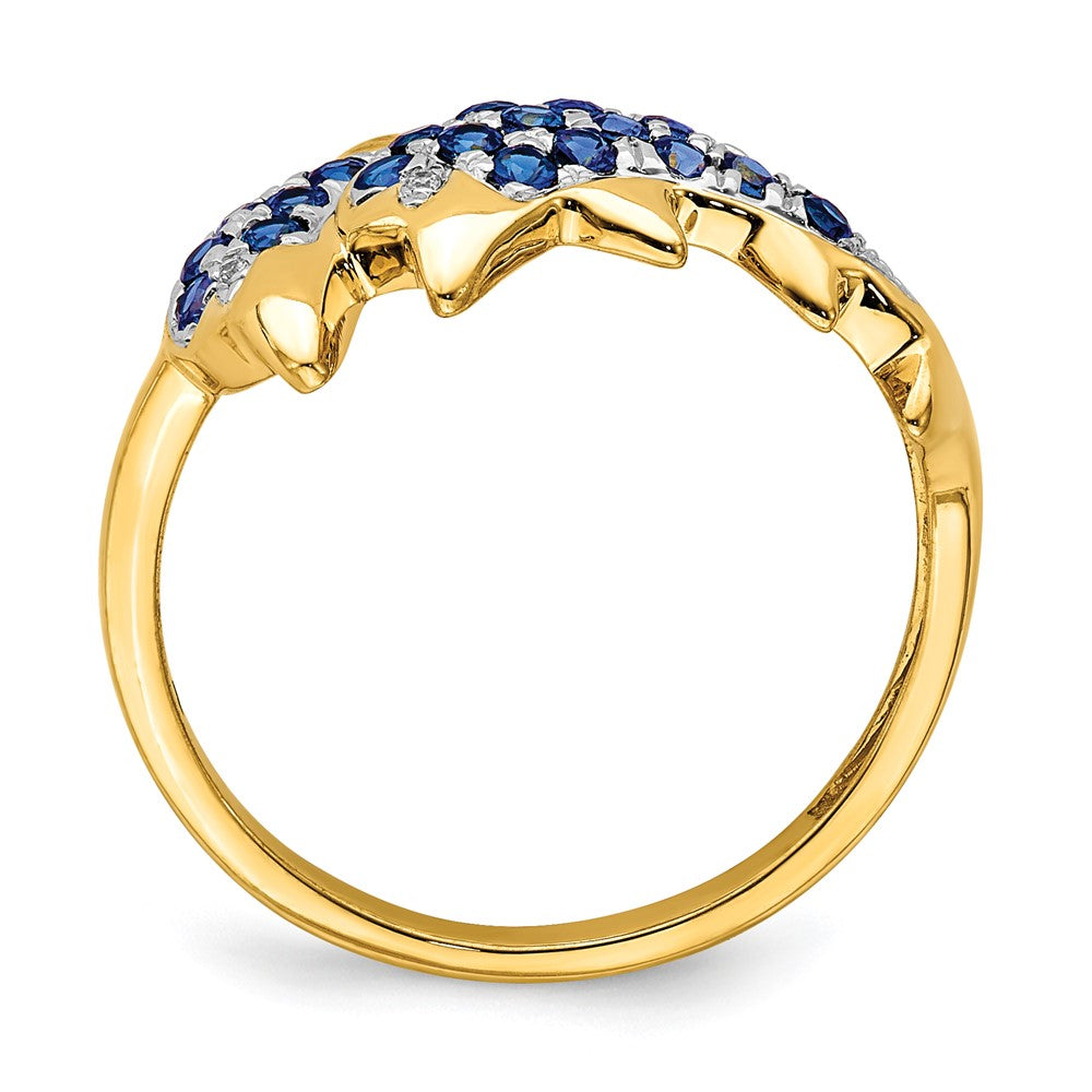 14K Gelbgold mit Rhodium Ring mit echten Diamanten und Saphir-Delfinen