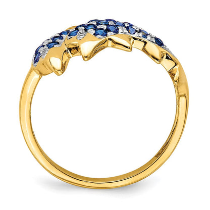 14K Gelbgold mit Rhodium Ring mit echten Diamanten und Saphir-Delfinen