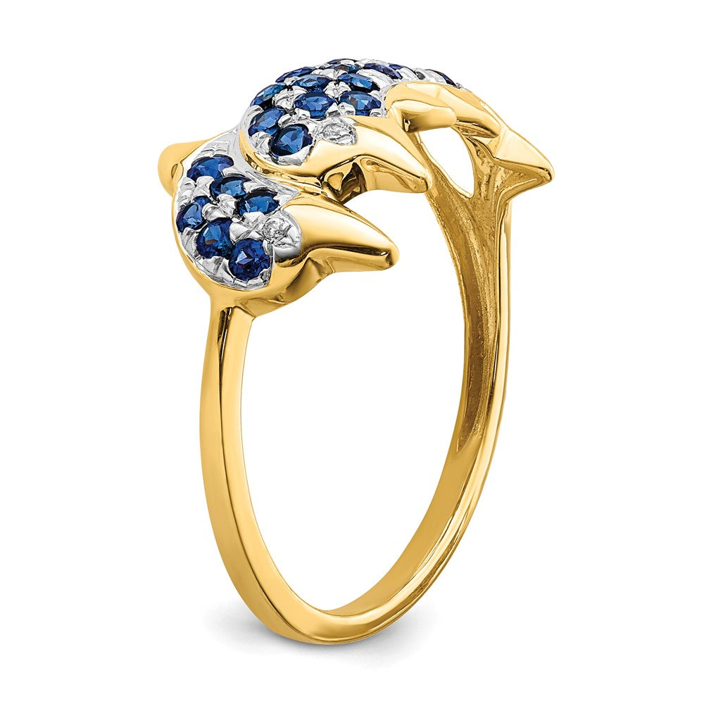 14K Gelbgold mit Rhodium Ring mit echten Diamanten und Saphir-Delfinen
