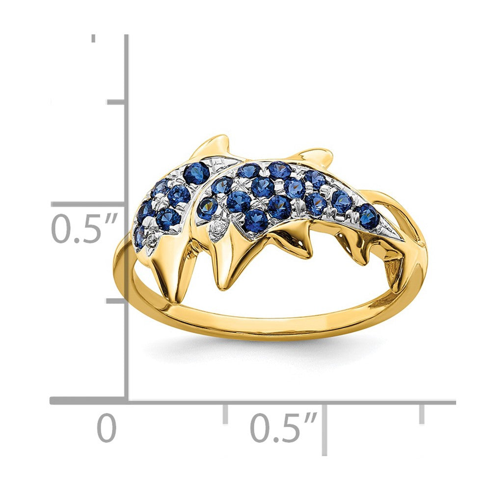 14K Gelbgold mit Rhodium Ring mit echten Diamanten und Saphir-Delfinen