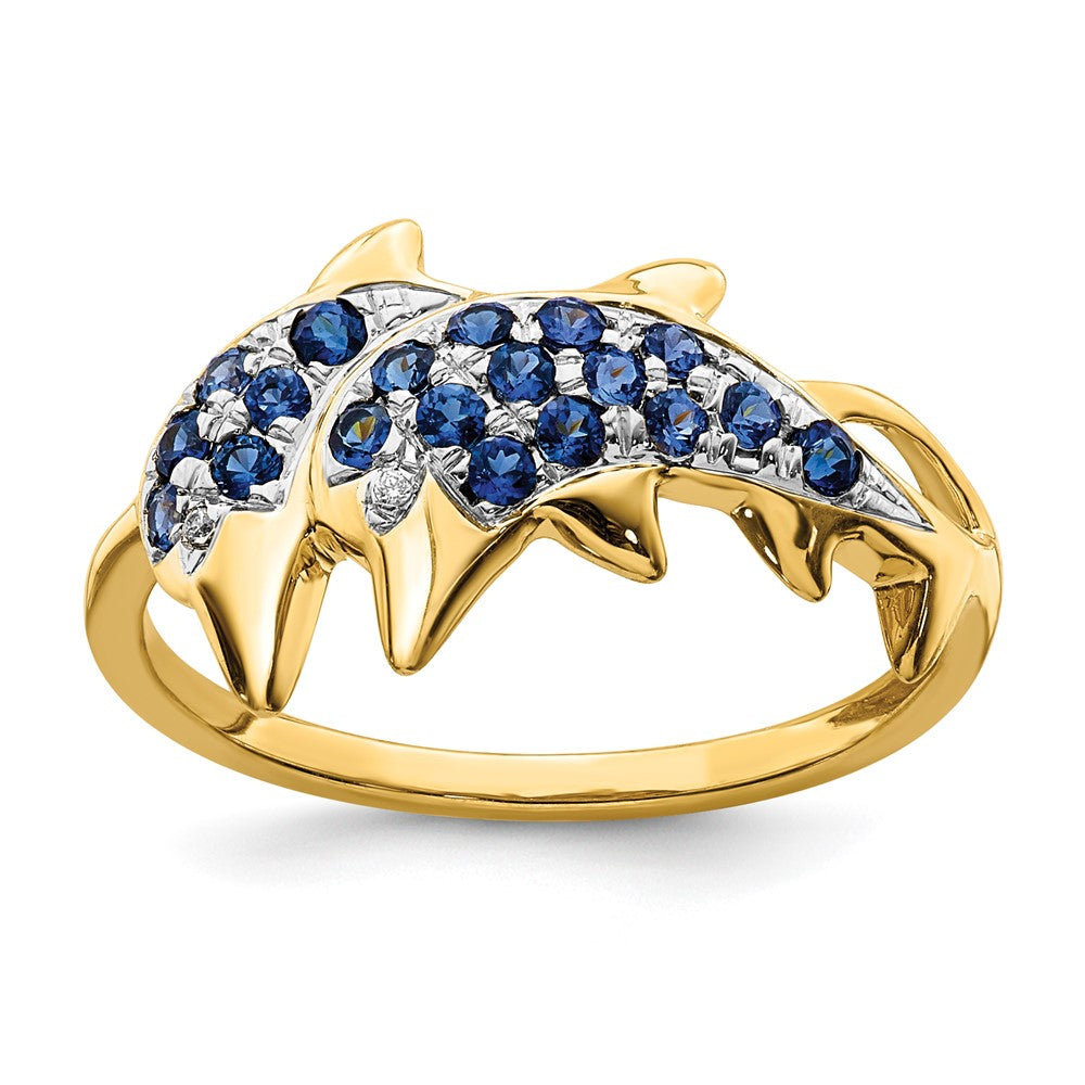14K Gelbgold mit Rhodium Ring mit echten Diamanten und Saphir-Delfinen