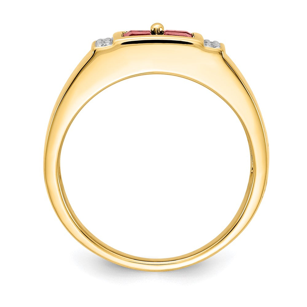14K Gelbgold Herrenring mit synthetischem Rubin und echten Diamanten