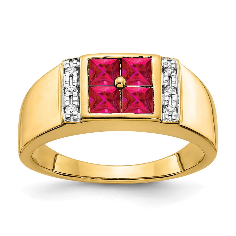 14K Gelbgold Ring mit 0,05 ct. im Labor gezüchtetem Diamant VS/SI+ G+ und im Labor gezüchtetem Rubin für Herren