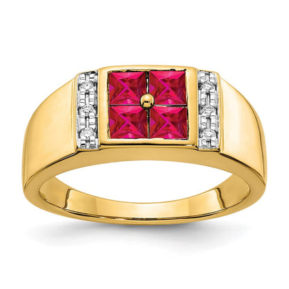 14K Gelbgold Ring mit 0,05 ct. im Labor gezüchtetem Diamant VS/SI+ G+ und im Labor gezüchtetem Rubin für Herren