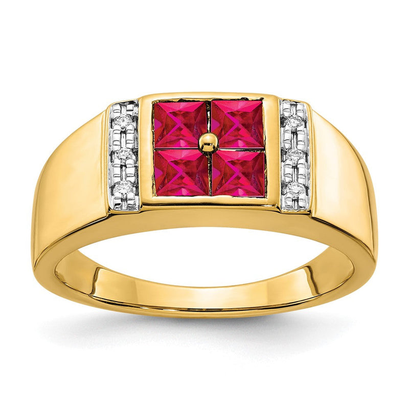 14K Gelbgold Ring mit 0,05 ct. im Labor gezüchtetem Diamant VS/SI+ G+ und im Labor gezüchtetem Rubin für Herren