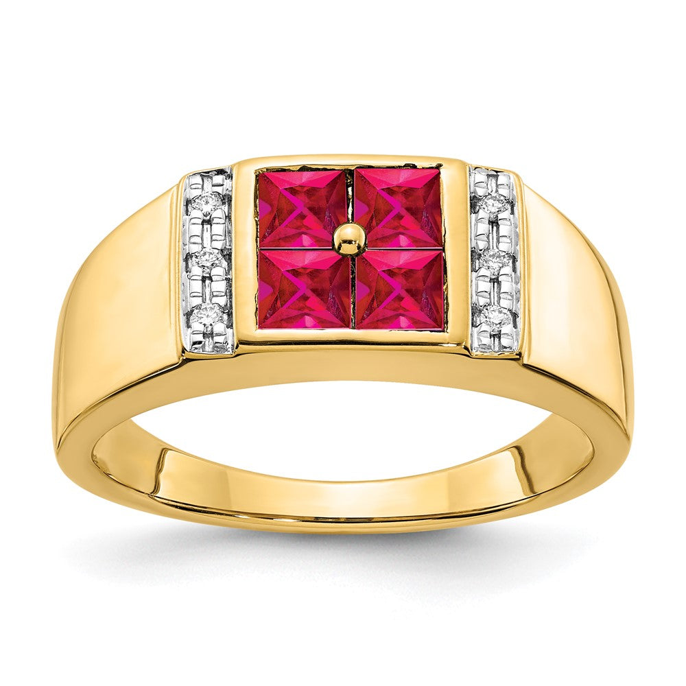 14K Gelbgold Herrenring mit synthetischem Rubin und echten Diamanten