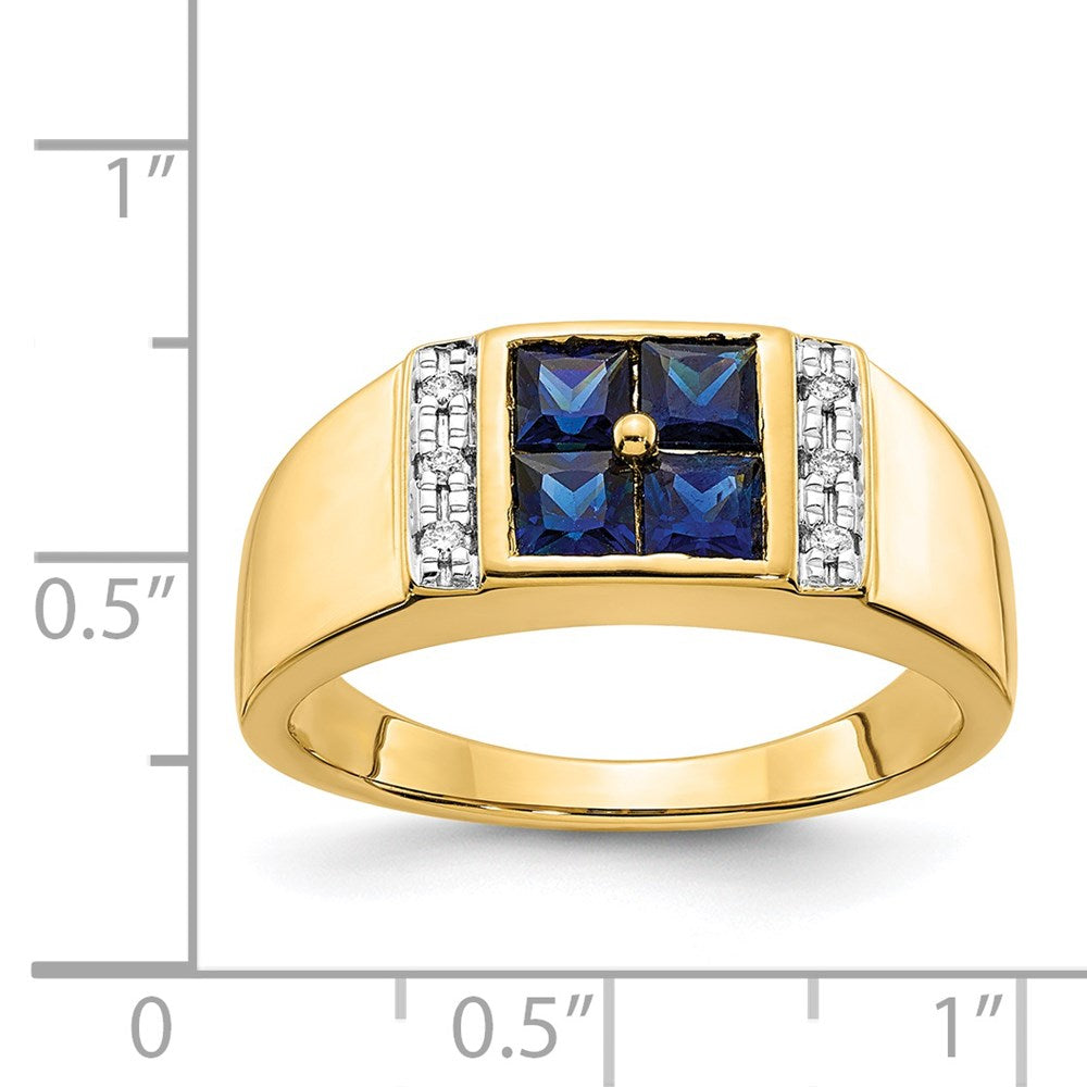 14K Gelbgold Herrenring mit synthetischem Saphir und echtem Diamant