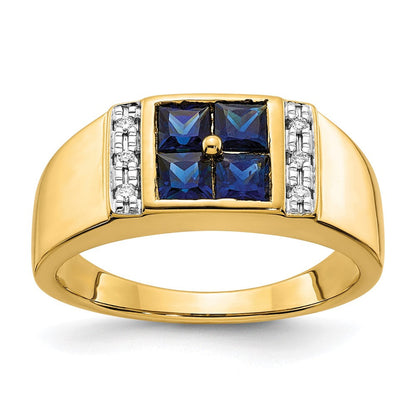 14K Gelbgold Ring für Herren mit 0,05 ct. Laborgezüchtetem Diamant VS/SI+ G+ und Laborgezüchtetem Blauem Saphir