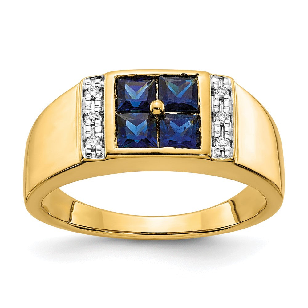 14K Gelbgold Herrenring mit synthetischem Saphir und echtem Diamant