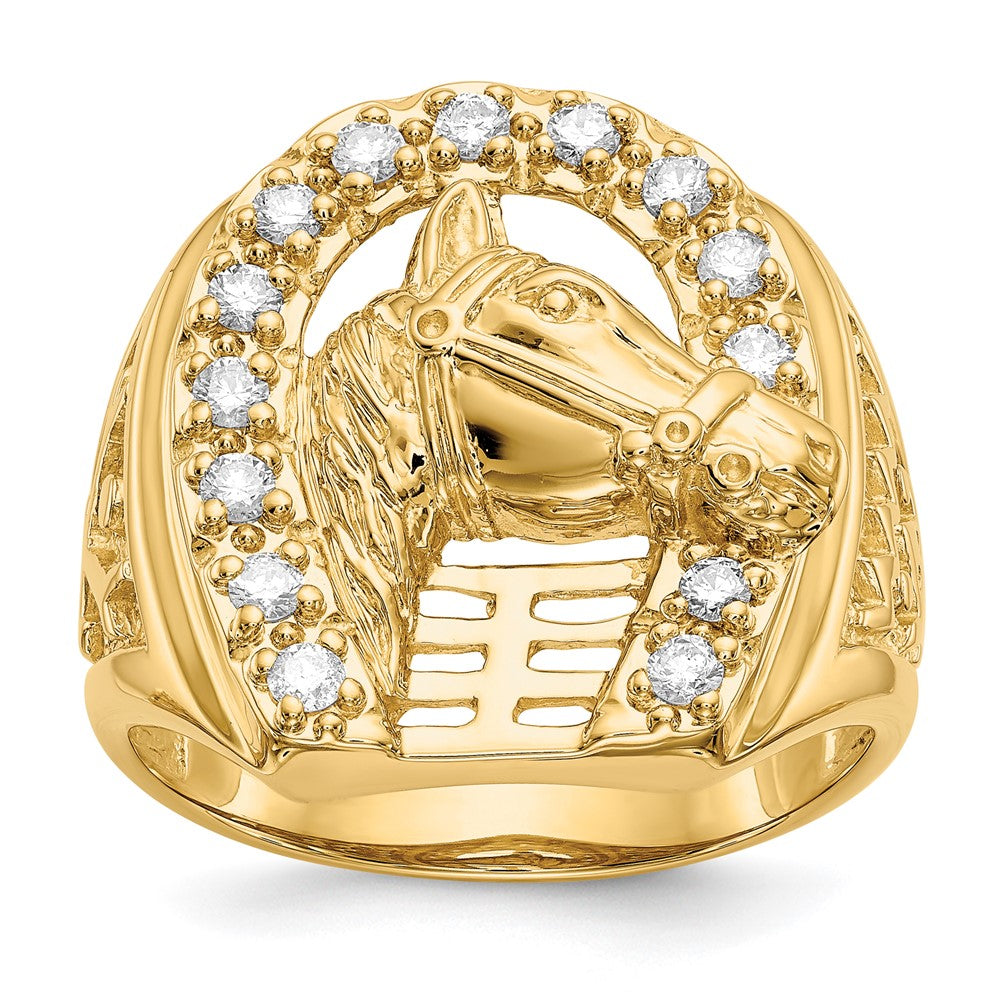 14K Gelbgold Herren Echtdiamant-Ring "Hufeisen mit Pferd in der Mitte"