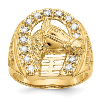 14K Gelbgold Herren Echtdiamant-Ring "Hufeisen mit Pferd in der Mitte"