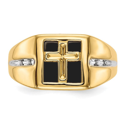 14K Gelbgold Ring mit Onyx und echten Diamanten Kreuz für Herren