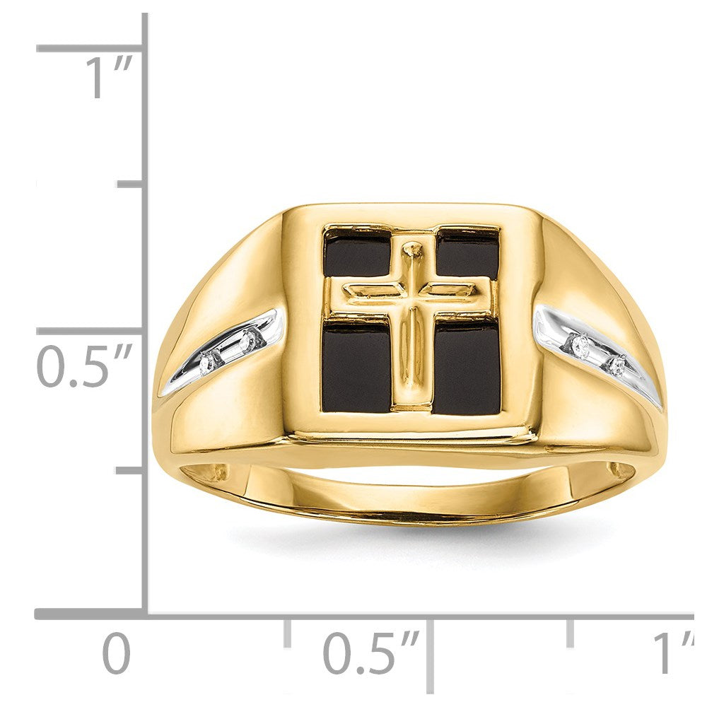 14K Gelbgold Ring mit Onyx und echten Diamanten Kreuz für Herren