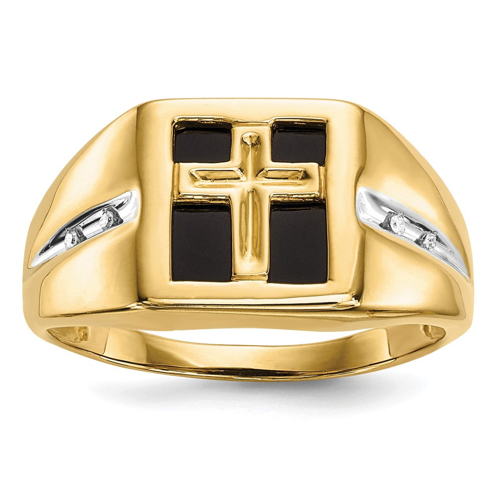 14K Gelbgold Herrenring mit 0,02 ct. Labor-gezüchtetem Diamant VS/SI+ G+ und Onyx-Kreuz