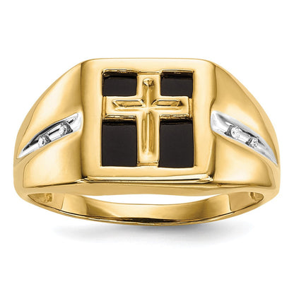 14K Gelbgold Herrenring mit 0,02 ct. Labor-gezüchtetem Diamant VS/SI+ G+ und Onyx-Kreuz
