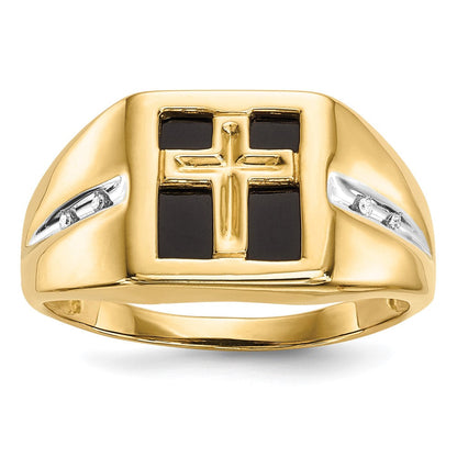 14K Gelbgold Ring mit Onyx und echten Diamanten Kreuz für Herren