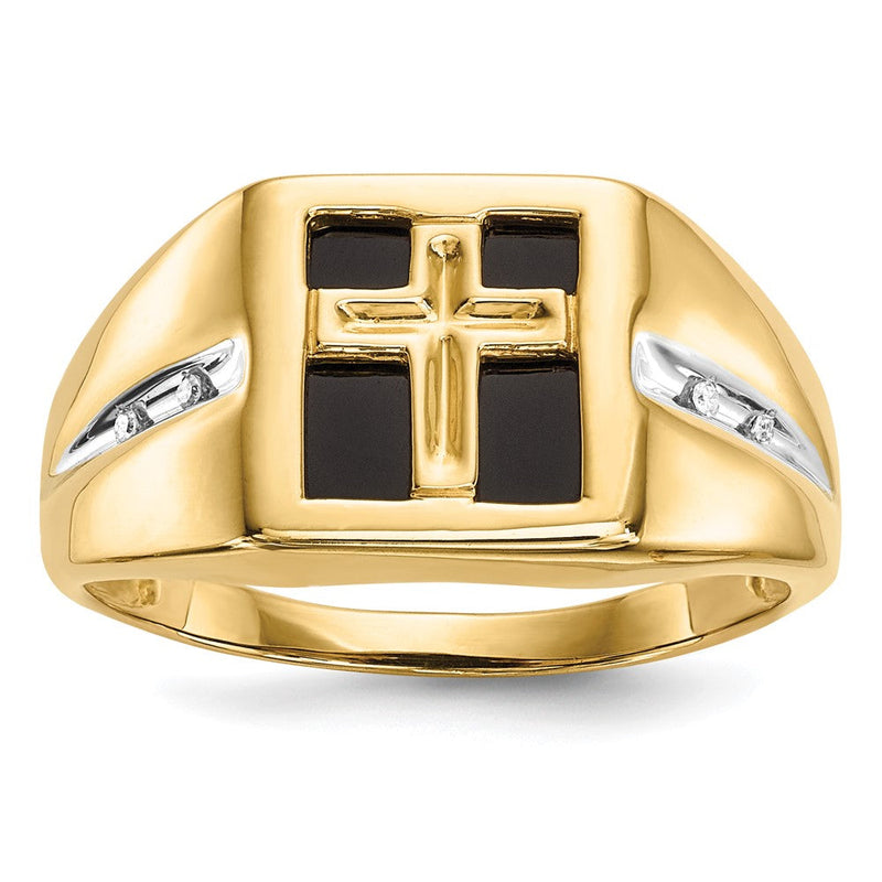 14K Gelbgold Ring mit Onyx und echten Diamanten Kreuz für Herren