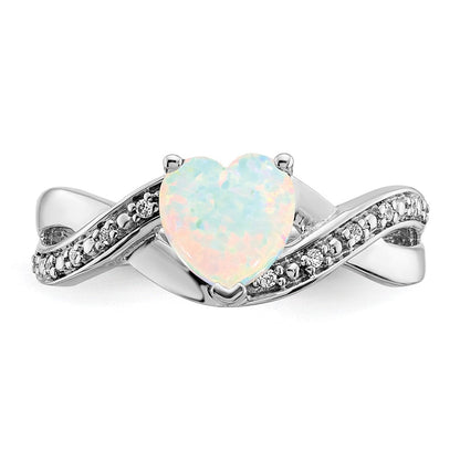 14K Weißgold Ring mit synthetischem Opal und echtem Diamant in Herzform