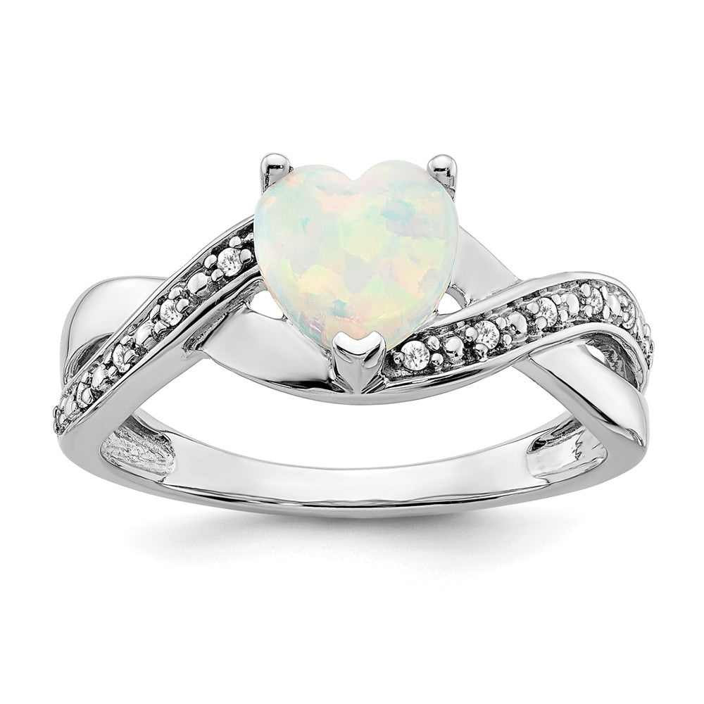 14K Weißgold Ring mit synthetischem Opal und echtem Diamant in Herzform