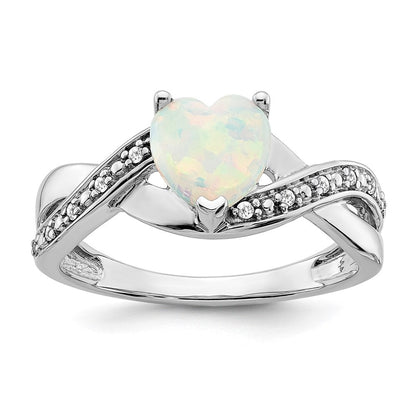 14K Weißgold Ring mit synthetischem Opal und echtem Diamant in Herzform