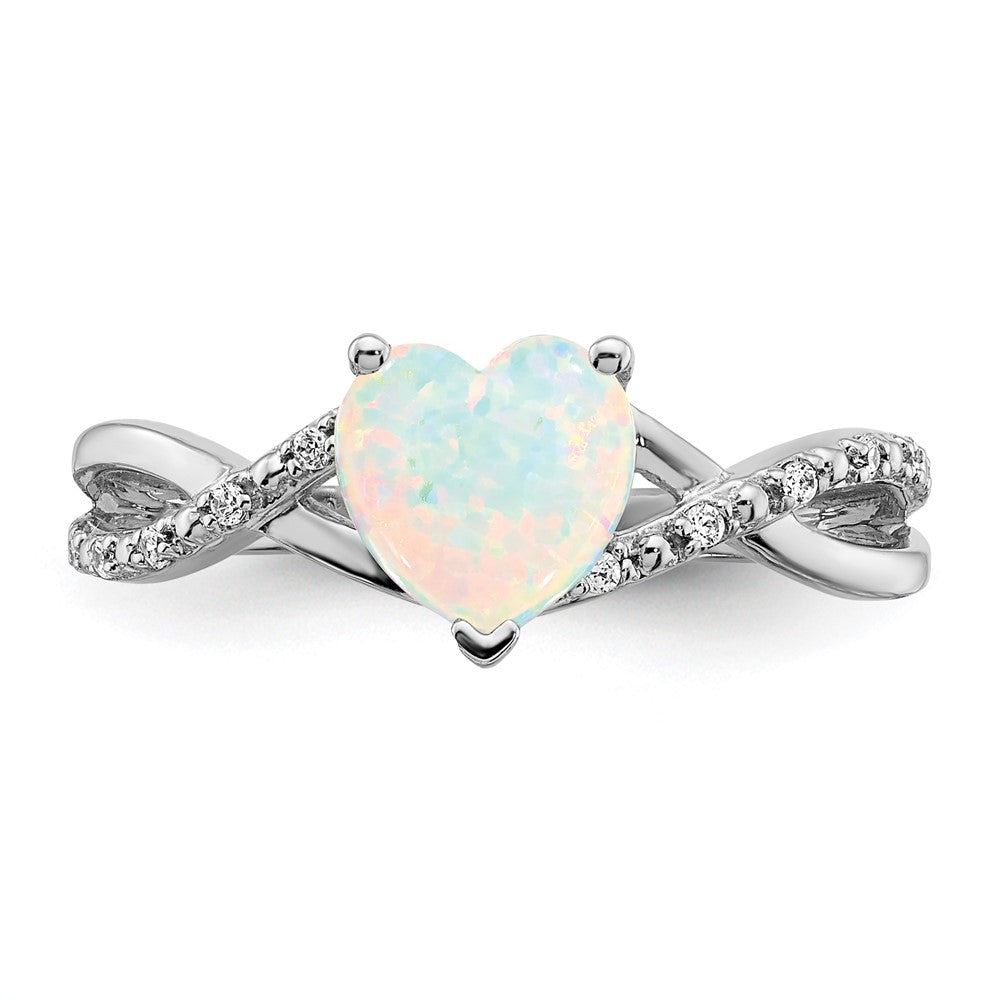 14K Weißgold Ring mit synthetischem Opal und echten Diamanten in Herzform