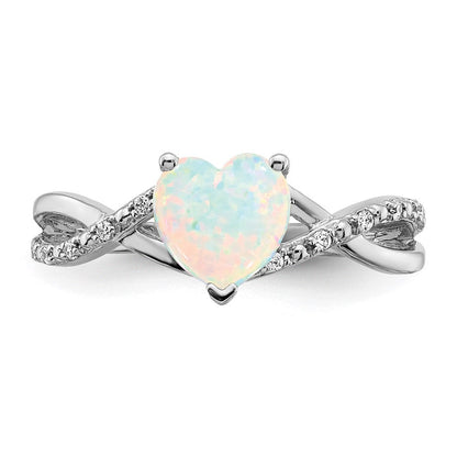 14K Weißgold Ring mit synthetischem Opal und echten Diamanten in Herzform