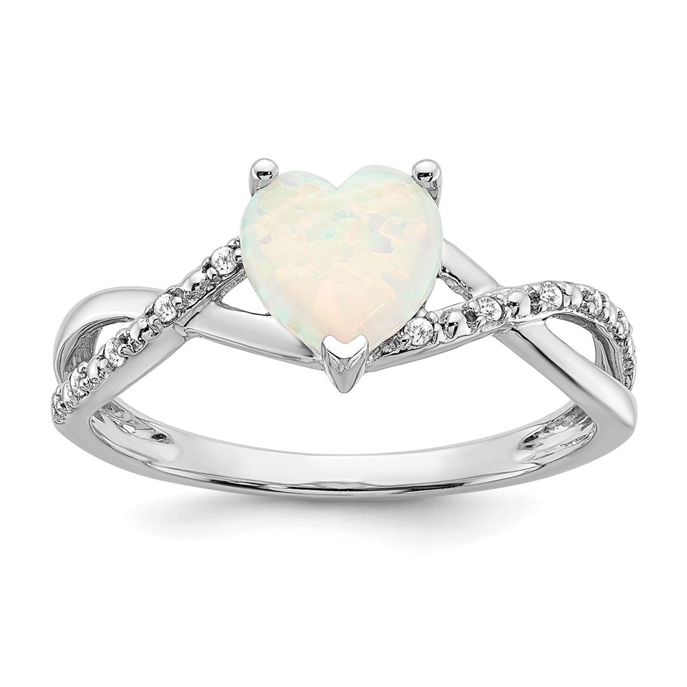 14K Weißgold Ring mit synthetischem Opal und echten Diamanten in Herzform