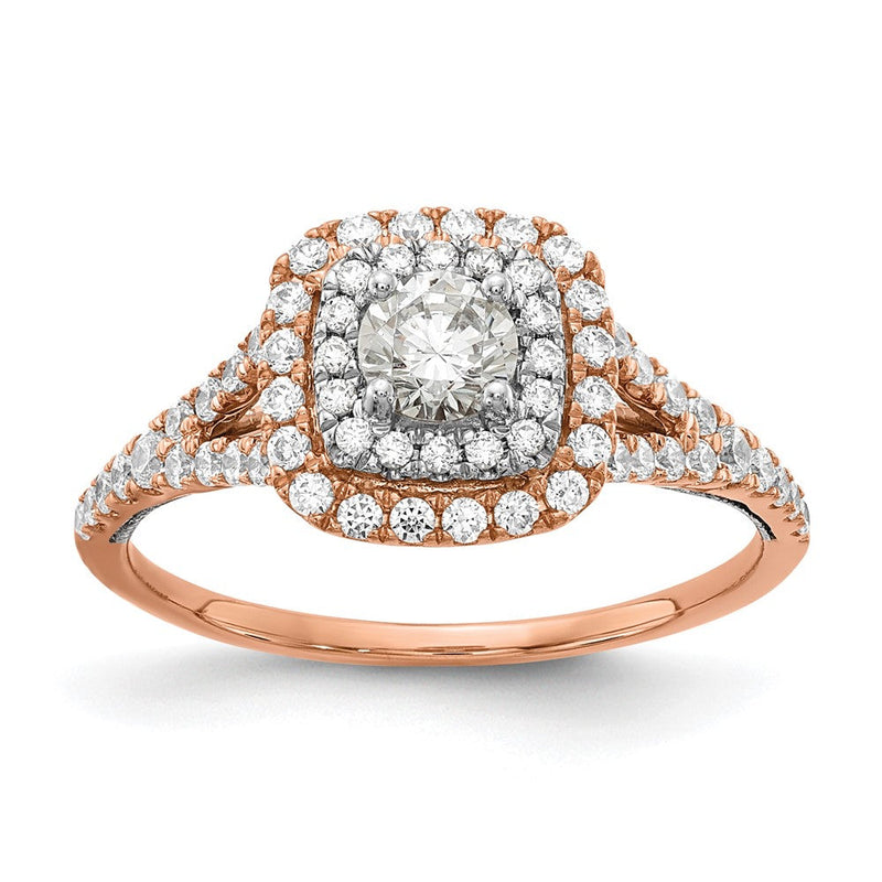 14K Bicolor Rose und Weißgold Doppelt Heiligenschein (holds 1/3 Karat (4.5mm) Rund Mittig) 1/2 Diamant Halbfassung Verlobungsring