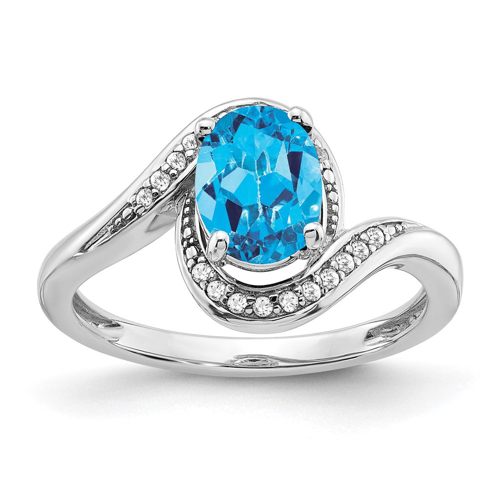 14K Weißgold Bypass-Ring mit ovalem Blautopas und echten Diamanten