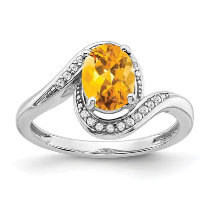 14K Weißgold Ring mit ovalem Citrin und echten Diamanten, Bypass-Design